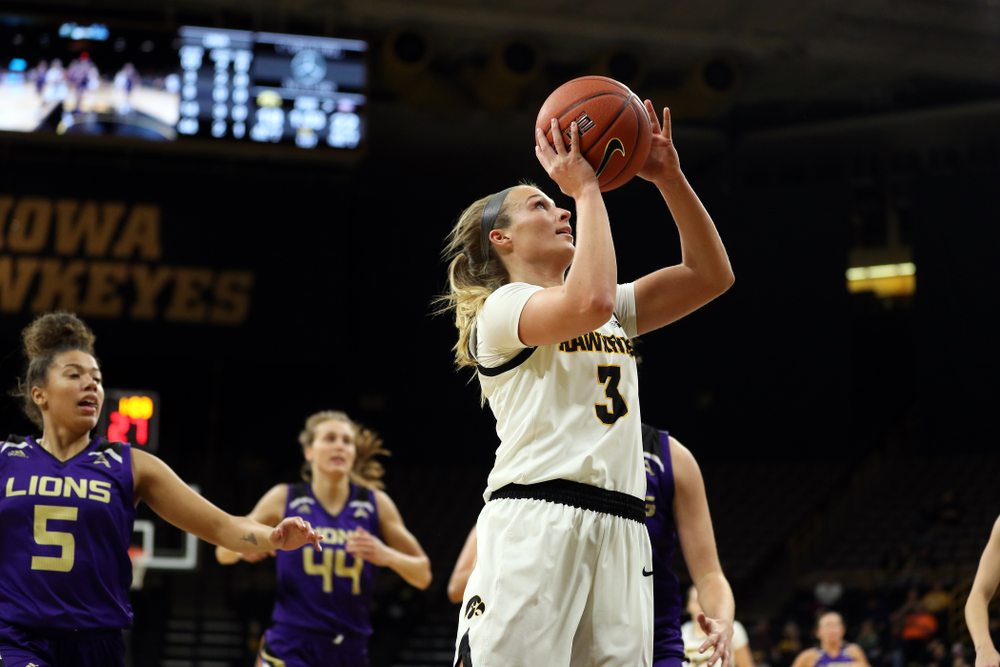 Iowa Hawkeyes guard Makenzie Meyer (3) against North Alabama Thursday, November 14, 2019 at Carver-Hawkeye Arena. (Brian Ray/hawkeyesports.com)