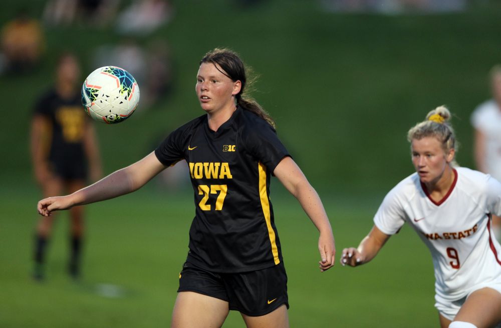 Iowa Hawkeyes forward Samantha Tawharu (27) during a 2-1 victory over the Iowa State Cyclones Thursday, August 29, 2019 in the Iowa Corn Cy-Hawk series at the Iowa Soccer Complex. (Brian Ray/hawkeyesports.com)