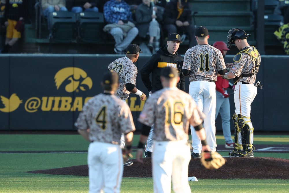 Pithing Coach Tom Gorzelanny against the Nebraska Cornhuskers on Military Appreciation Night Friday, April 19, 2019 at Duane Banks Field. (Brian Ray/hawkeyesports.com)