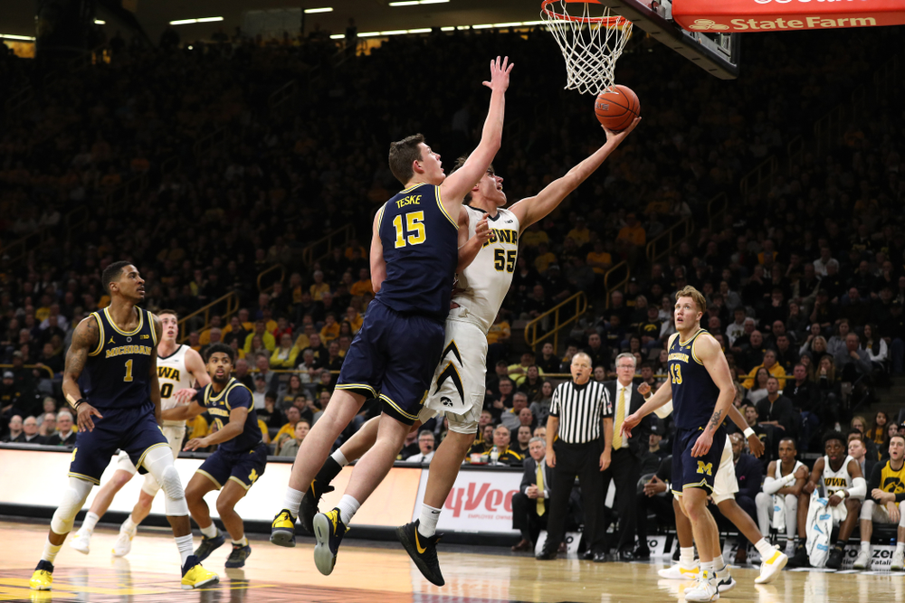 Iowa Hawkeyes forward Luka Garza (55) against the Michigan Wolverines Friday, February 1, 2019 at Carver-Hawkeye Arena. (Brian Ray/hawkeyesports.com)