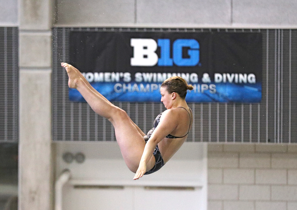 Iowa’s Claire Park competes in the women’s platform diving preliminary event during the 2020 Women’s Big Ten Swimming and Diving Championships at the Campus Recreation and Wellness Center in Iowa City on Saturday, February 22, 2020. (Stephen Mally/hawkeyesports.com)