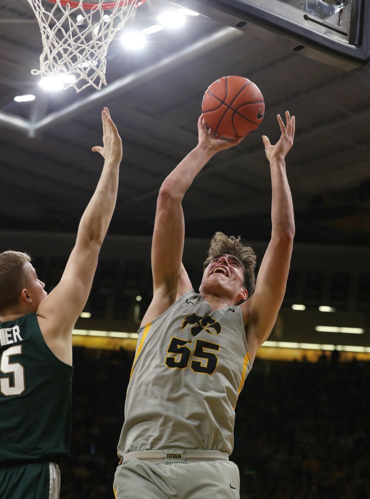 Iowa Hawkeyes forward Luka Garza (55) against the Michigan State Spartans Thursday, January 24, 2019 at Carver-Hawkeye Arena. (Brian Ray/hawkeyesports.com)