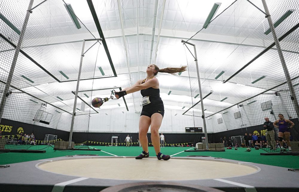 Iowa’s Amanda Howe throws in the women’s weight throw event during the Hawkeye Invitational at the Hawkeye Tennis and Recreation Complex in Iowa City on Friday, January 10, 2020. (Stephen Mally/hawkeyesports.com)
