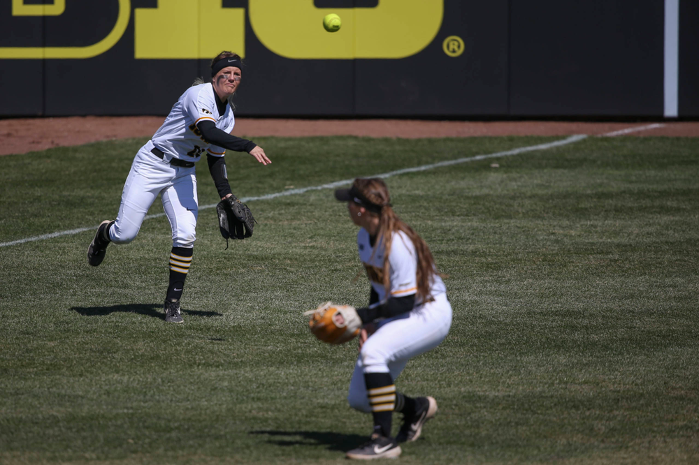 Iowa's Havyn Monteer (21) at game 3 vs Northwestern on Sunday, March 31, 2019 at Bob Pearl Field. (Lily Smith/hawkeyesports.com)