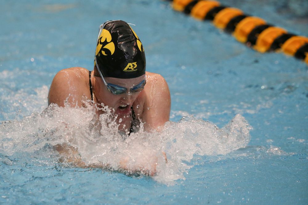 Iowa’s Paige Hanley 100-yard breaststroke during the Iowa swimming and diving meet vs Notre Dame and Illinois on Saturday, January 11, 2020 at the Campus Recreation and Wellness Center. (Lily Smith/hawkeyesports.com)