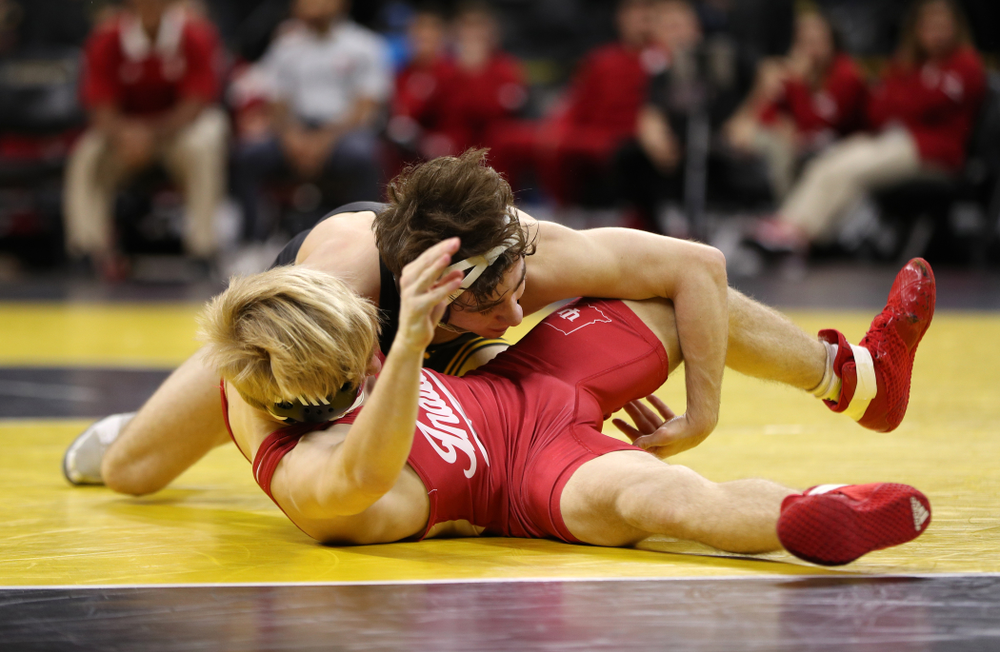 Iowa's Austin DeSanto wrestles Indiana's Paul Konrath at 133 pounds Friday, February 15, 2019 at Carver-Hawkeye Arena. (Brian Ray/hawkeyesports.com)