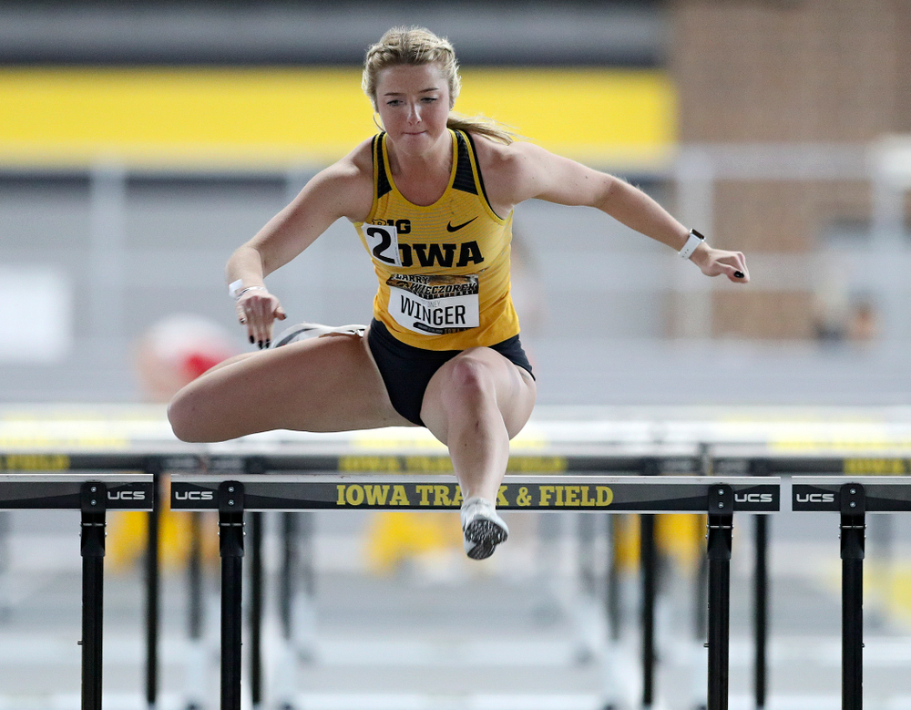 Iowa’s Sydney Winger runs the women’s 60 meter hurdles premier preliminary event during the Larry Wieczorek Invitational at the Recreation Building in Iowa City on Saturday, January 18, 2020. (Stephen Mally/hawkeyesports.com)