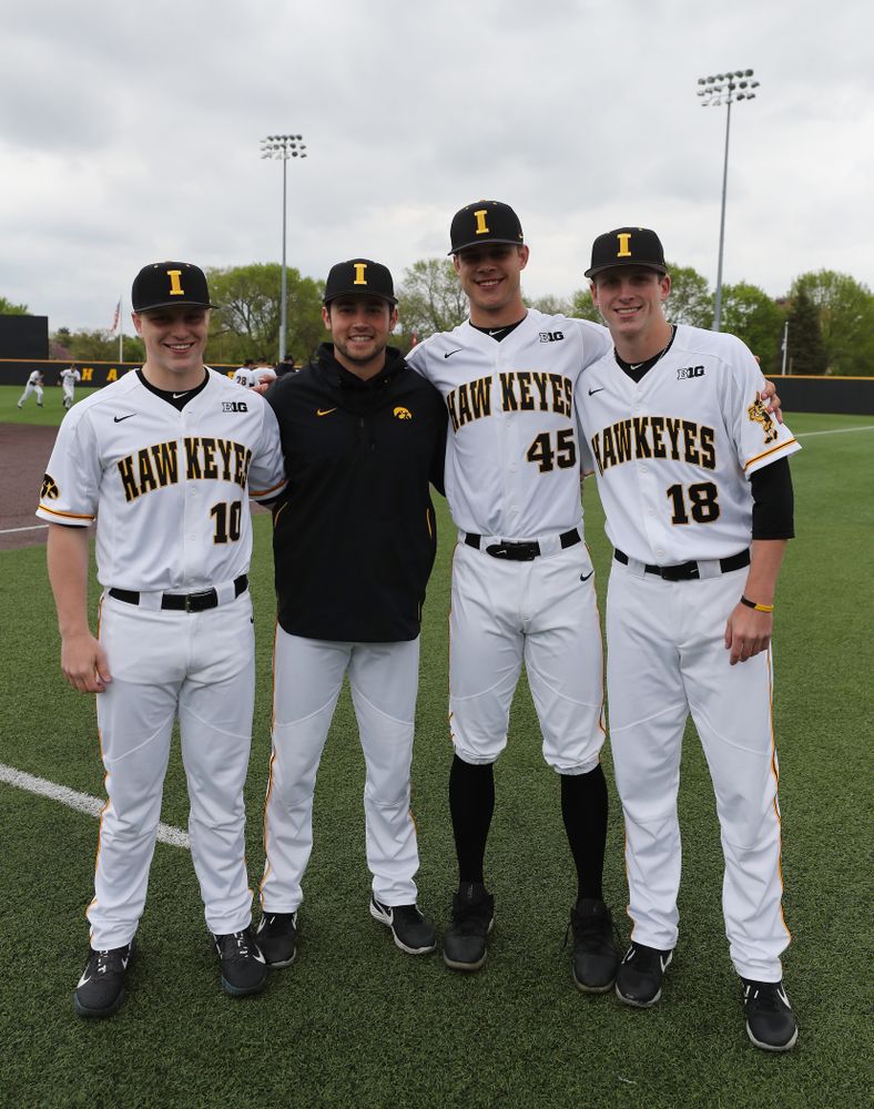 Iowa Hawkeyes Derek Lieurance (10), Grant Leonard (43), Kyle Shimp (45), and Shane Ritter (18) before their game against Michigan State Sunday, May 12, 2019 at Duane Banks Field. (Brian Ray/hawkeyesports.com)