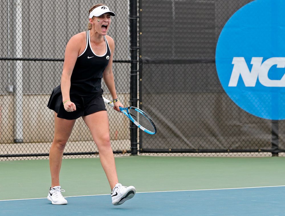 Iowa's Ashleigh Jacobs celebrates a score during their doubles match against Rutgers at the Hawkeye Tennis and Recreation Complex in Iowa City on Friday, Apr. 5, 2019. (Stephen Mally/hawkeyesports.com)