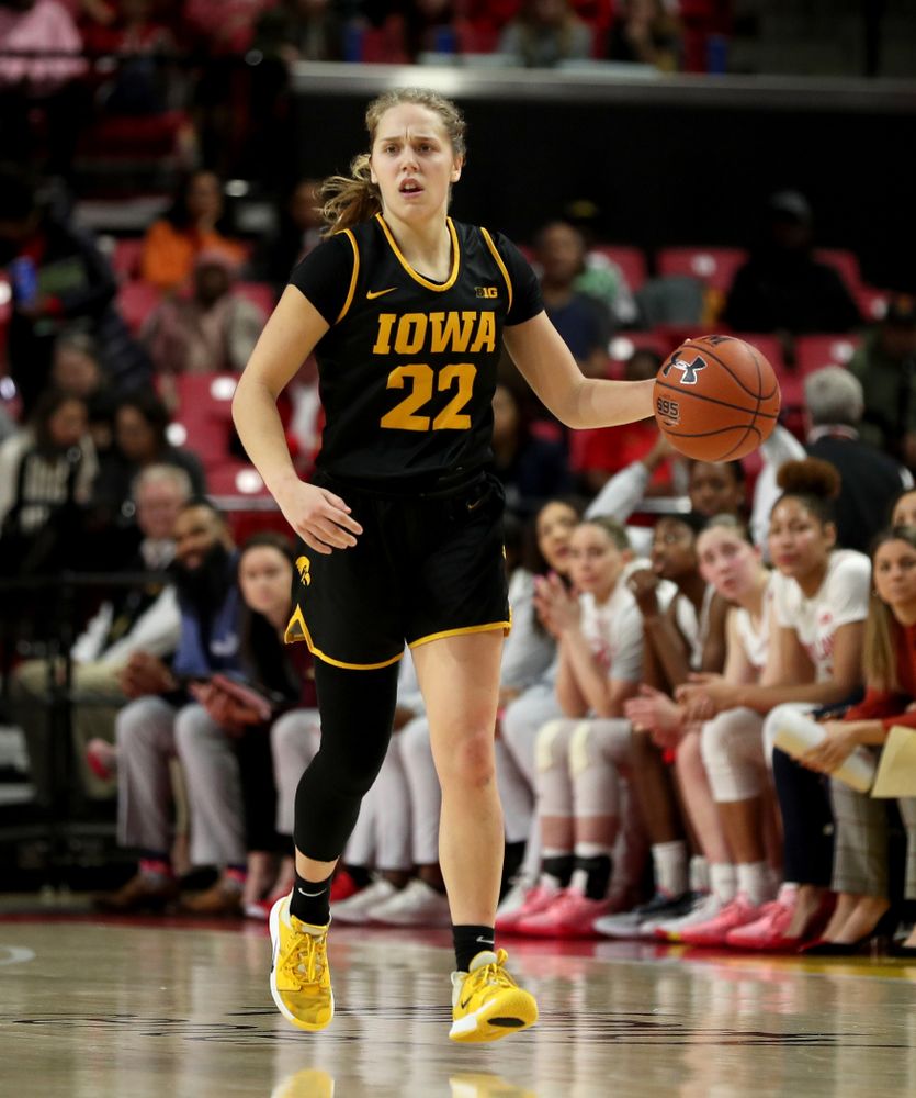 Iowa Hawkeyes guard Kathleen Doyle (22) against the Maryland Terrapins Thursday, February 13, 2020 at the Xfinity Center in College Park, MD. (Brian Ray/hawkeyesports.com)