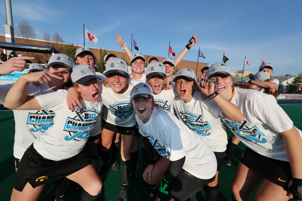 The Iowa Hawkeyes celebrate their victory over Penn State in the 2019 Big Ten Field Hockey Tournament Championship Game Sunday, November 10, 2019 in State College. (Brian Ray/hawkeyesports.com)
