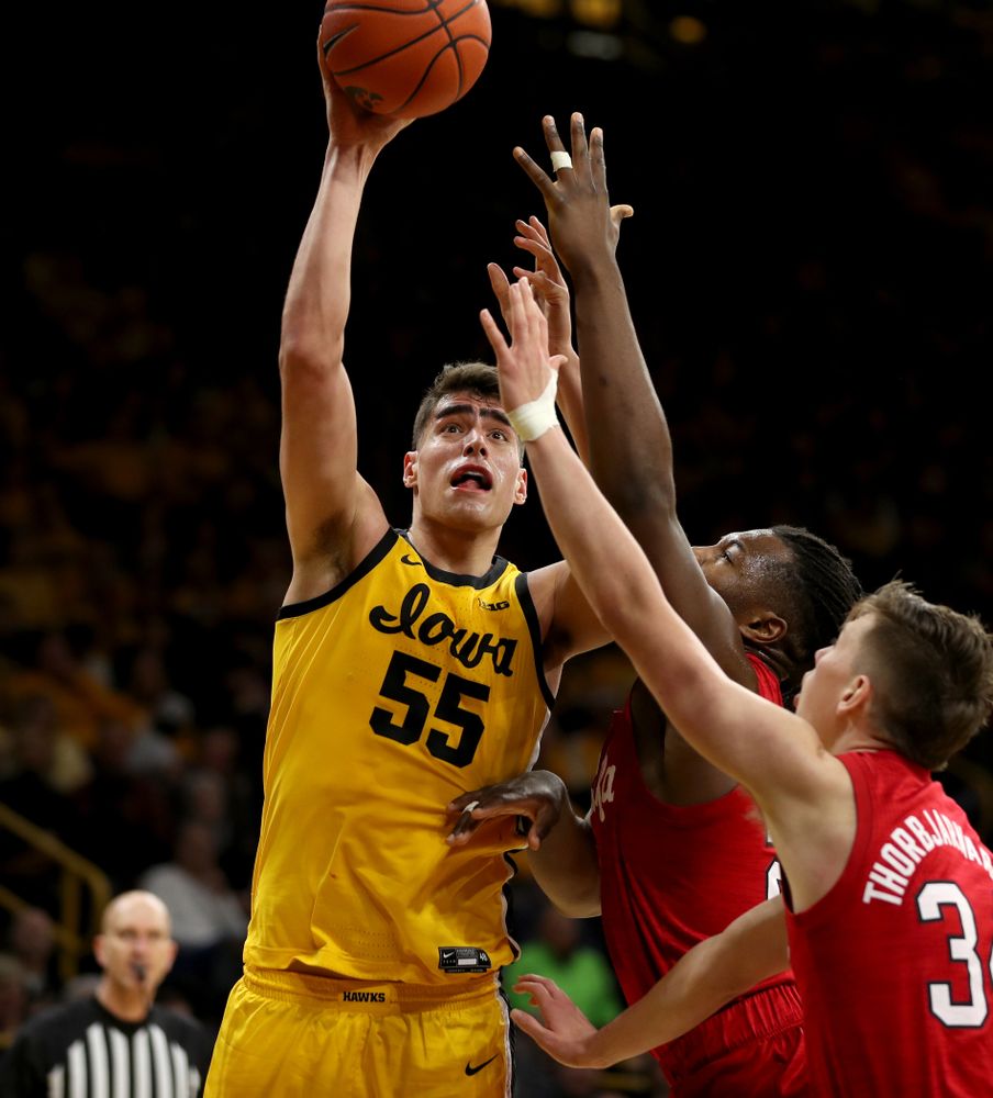 Iowa Hawkeyes forward Luka Garza (55) against the Nebraska Cornhuskers Saturday, February 8, 2020 at Carver-Hawkeye Arena. (Brian Ray/hawkeyesports.com)