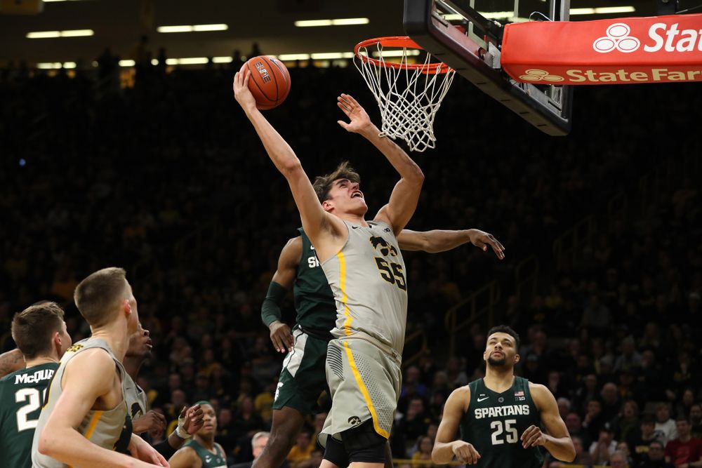 Iowa Hawkeyes forward Luka Garza (55) against the Michigan State Spartans Thursday, January 24, 2019 at Carver-Hawkeye Arena. (Brian Ray/hawkeyesports.com)