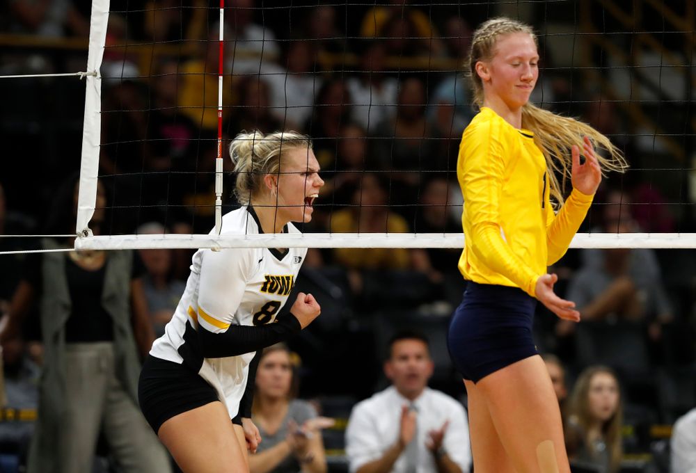 Iowa Hawkeyes right side hitter Reghan Coyle (8) against the Michigan Wolverines Sunday, September 23, 2018 at Carver-Hawkeye Arena. (Brian Ray/hawkeyesports.com)