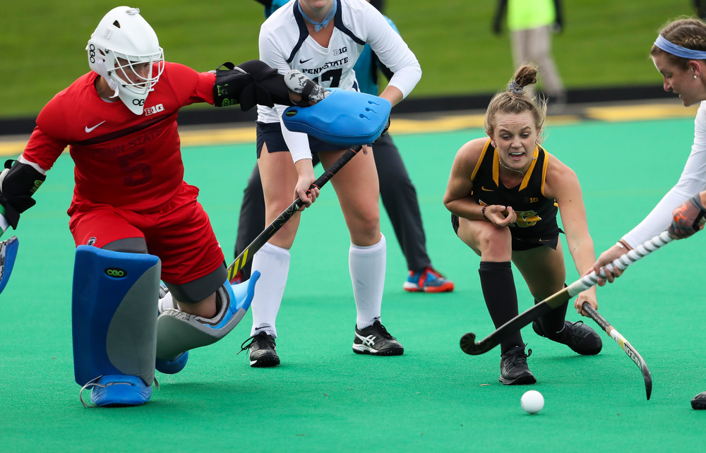 Iowa Hawkeyes forward Madeleine Murphy (26) fights for possession in front of the goal during a game against No. 6 Penn State at Grant Field on October 12, 2018. (Tork Mason/hawkeyesports.com)