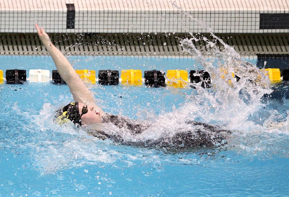 Iowa’s Amy Lenderink swims the women’s 50 yard backstroke event during their meet at the Campus Recreation and Wellness Center in Iowa City on Friday, February 7, 2020. (Stephen Mally/hawkeyesports.com)