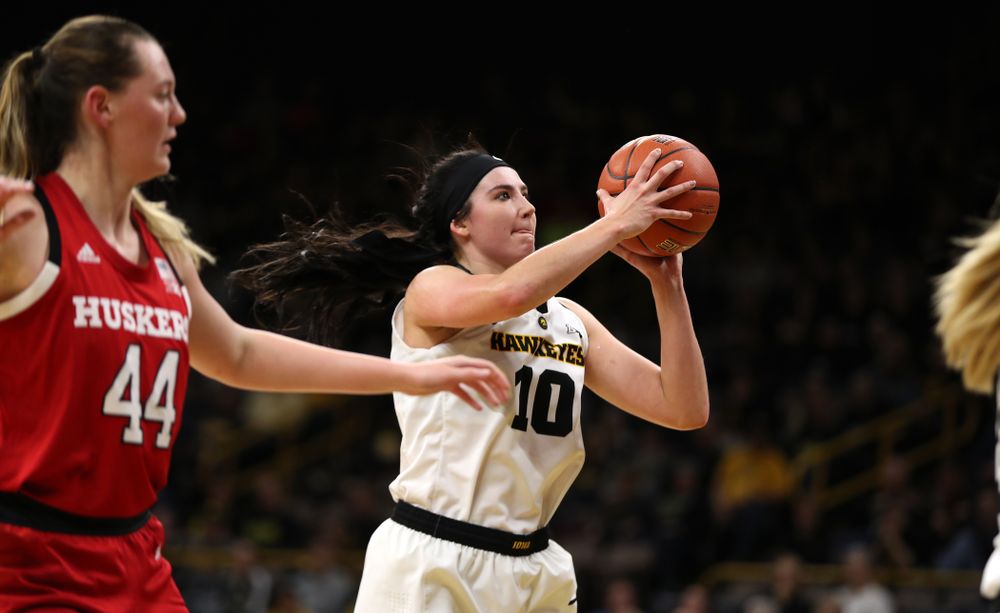 Iowa Hawkeyes forward Megan Gustafson (10) against the Nebraska Cornhuskers Thursday, January 3, 2019 at Carver-Hawkeye Arena. (Brian Ray/hawkeyesports.com)