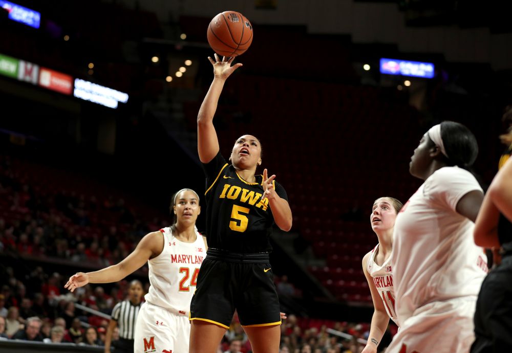 Iowa Hawkeyes guard Alexis Sevillian (5) against the Maryland Terrapins Thursday, February 13, 2020 at the Xfinity Center in College Park, MD. (Brian Ray/hawkeyesports.com)