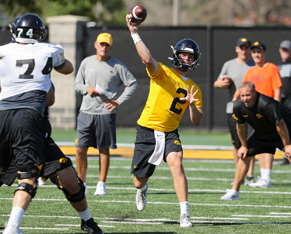 Iowa Hawkeyes quarterback Peyton Mansell (2) throws a pass during Fall Camp Practice No. 13 at the Hansen Football Performance Center in Iowa City on Friday, Aug 16, 2019. (Stephen Mally/hawkeyesports.com)
