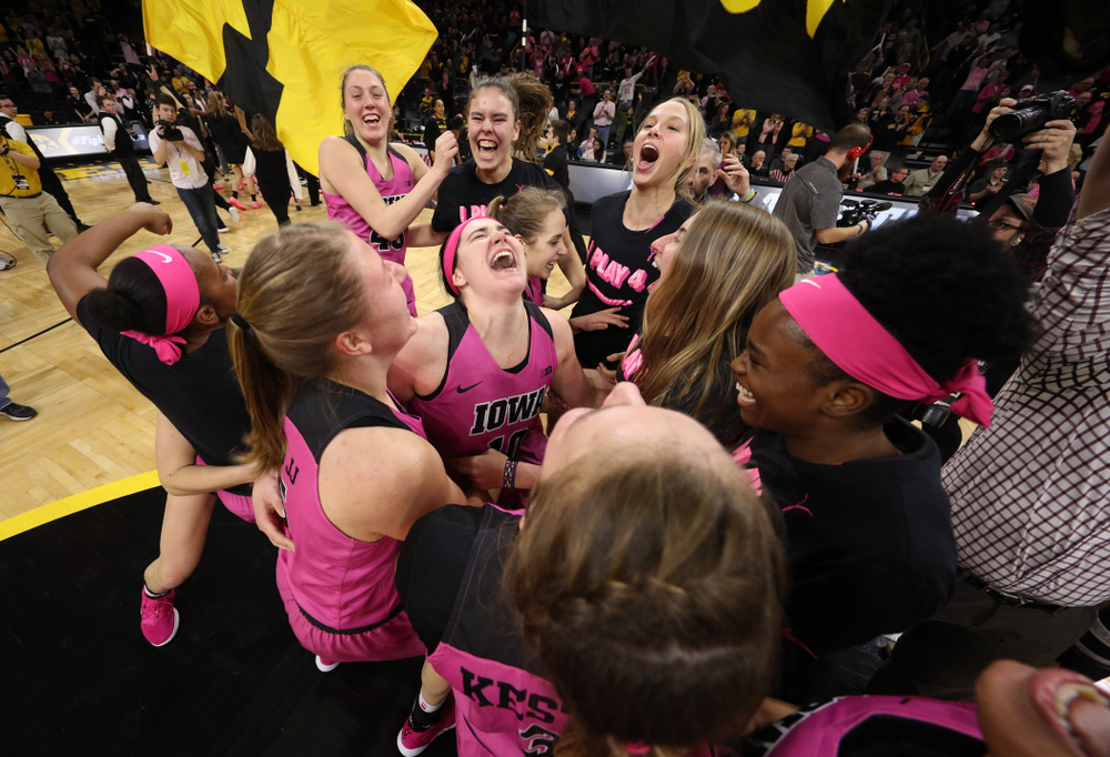 The Iowa Hawkeyes celebrate their victory against the seventh ranked Maryland Terrapins Sunday, February 17, 2019 at Carver-Hawkeye Arena. (Brian Ray/hawkeyesports.com)