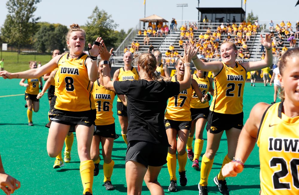 Iowa Hawkeyes Nikki Freeman (8) and Makenna Maguire (21) before their game against Indiana Sunday, September 16, 2018 at Grant Field. (Brian Ray/hawkeyesports.com)