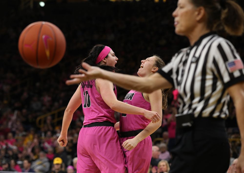 Iowa Hawkeyes forward Megan Gustafson (10) and forward Amanda Ollinger (43) against the seventh ranked Maryland Terrapins Sunday, February 17, 2019 at Carver-Hawkeye Arena. (Brian Ray/hawkeyesports.com)