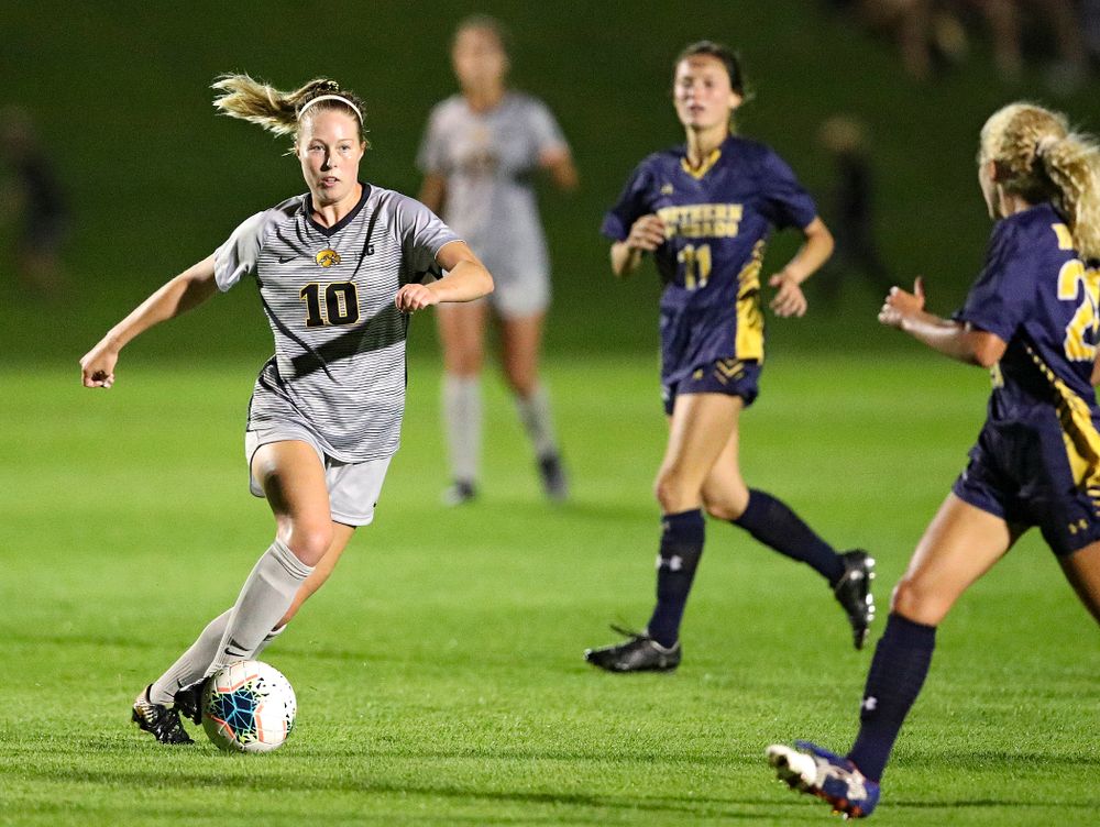 Iowa midfielder/defender Natalie Winters (10) moves with the ball during the second half of their match at the Iowa Soccer Complex in Iowa City on Friday, Sep 13, 2019. (Stephen Mally/hawkeyesports.com)
