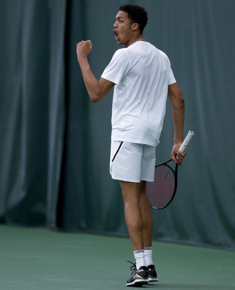 Iowa’s Oliver Okonkwo against Cornell Sunday, March 8, 2020 at the Hawkeye Tennis and Recreation Center. (Brian Ray/hawkeyesports.com)
