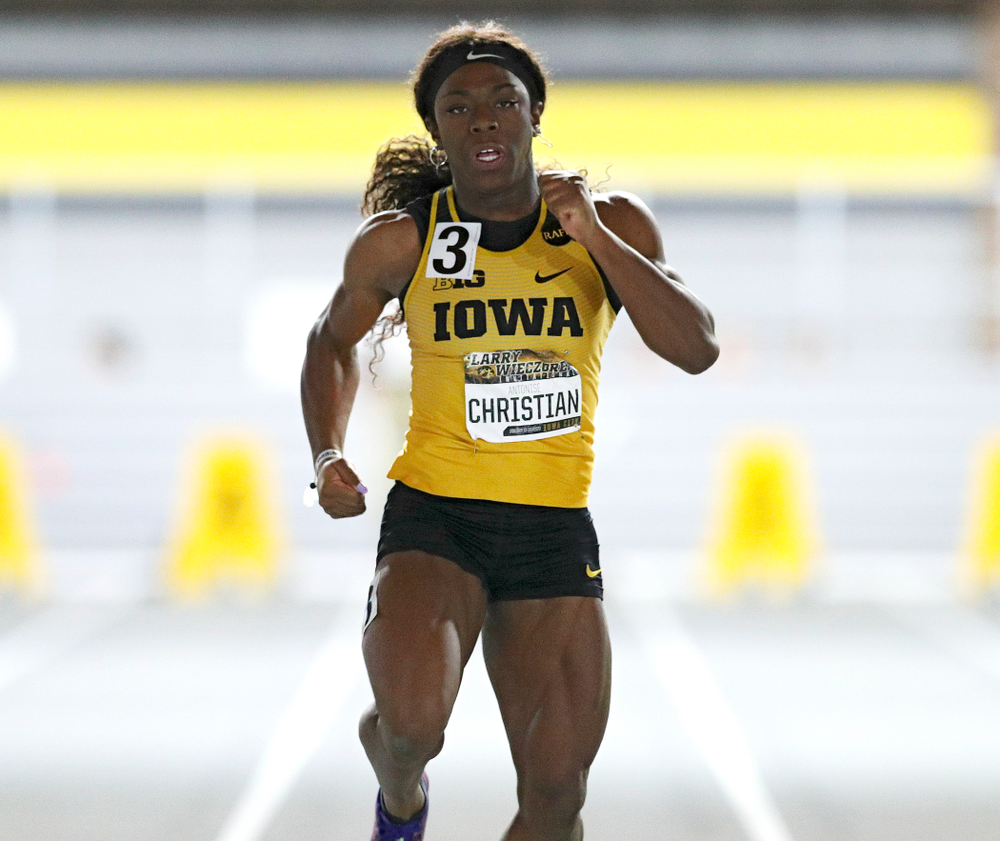 Iowa’s Antonise Christian runs the women’s 60 meter dash premier event during the Larry Wieczorek Invitational at the Recreation Building in Iowa City on Saturday, January 18, 2020. (Stephen Mally/hawkeyesports.com)