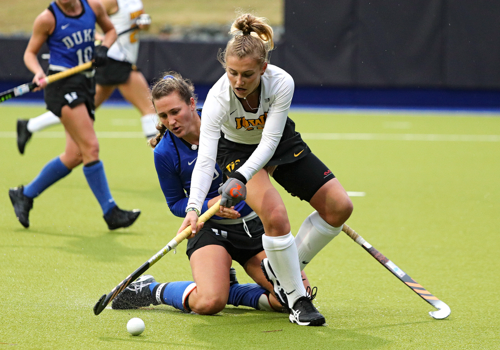Iowa’s Leah Zellner (13) tries to control the ball during the fourth quarter of their NCAA Tournament First Round match against Duke at Karen Shelton Stadium in Chapel Hill, N.C. on Friday, Nov 15, 2019. (Stephen Mally/hawkeyesports.com)