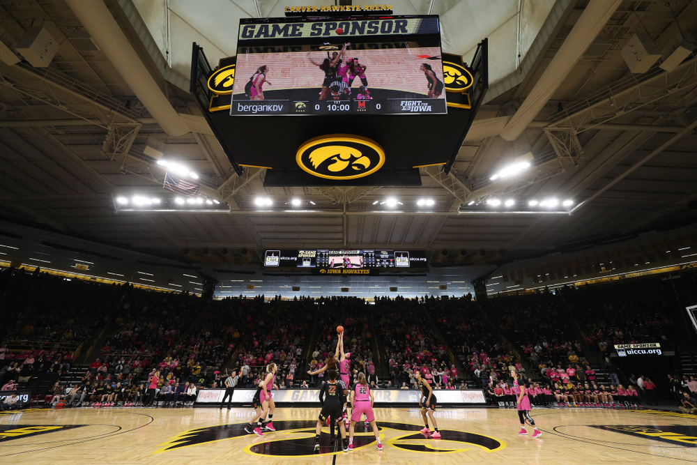 Iowa Hawkeyes forward Megan Gustafson (10) against the seventh ranked Maryland Terrapins Sunday, February 17, 2019 at Carver-Hawkeye Arena. (Brian Ray/hawkeyesports.com)