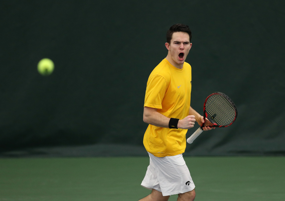 Jonas Larsen against Utah Sunday, February 10, 2019 at the Hawkeye Tennis and Recreation Complex. (Brian Ray/hawkeyesports.com)