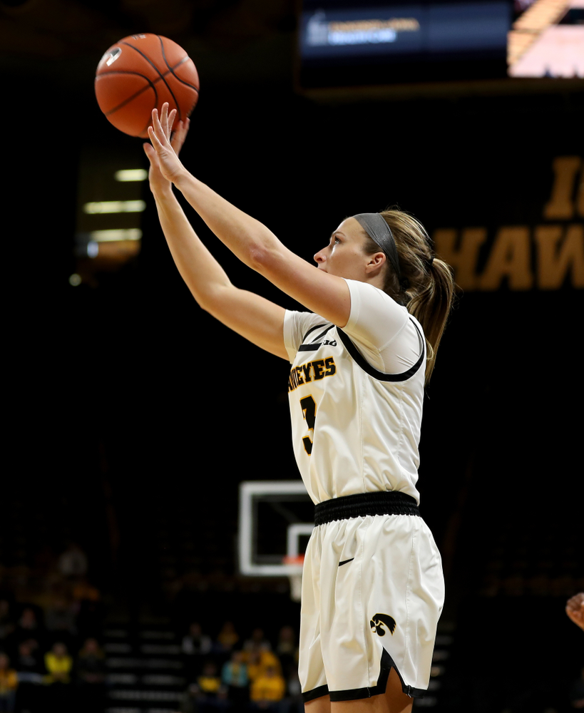 Iowa Hawkeyes guard Makenzie Meyer (3) knocks down a three point basket against North Carolina Central Saturday, December 14, 2019 at Carver-Hawkeye Arena. (Brian Ray/hawkeyesports.com)