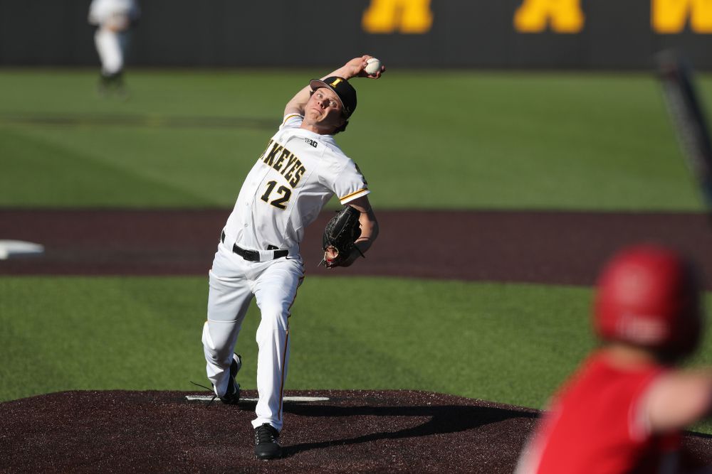 Iowa Hawkeyes Drew Irvine (12) against the Nebraska Cornhuskers Saturday, April 20, 2019 at Duane Banks Field. (Brian Ray/hawkeyesports.com)