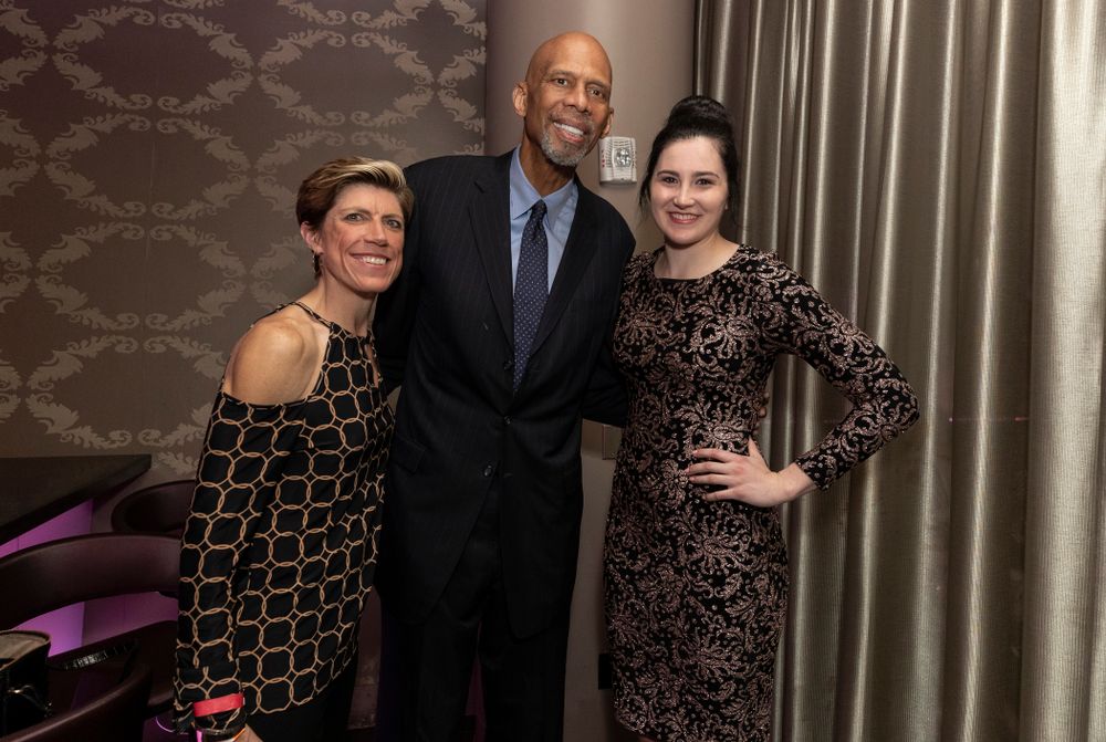Iowa Hawkeyes forward Megan Gustafson (10) and associate head coach Jan Jensen with NBA great Kareem Abdul-Jabbar before the ESPN College Basketball Awards show Friday, April 12, 2019 at The Novo at LA Live. (Brian Ray/hawkeyesports.com)