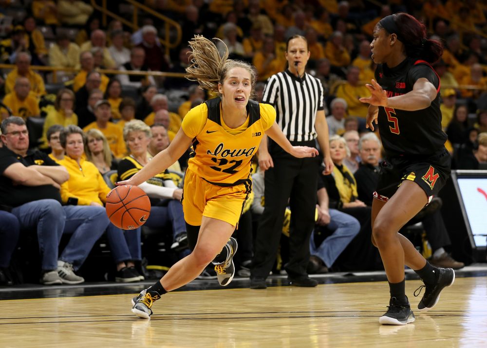 Iowa Hawkeyes guard Kathleen Doyle (22) against the Maryland Terrapins Thursday, January 9, 2020 at Carver-Hawkeye Arena. (Brian Ray/hawkeyesports.com)