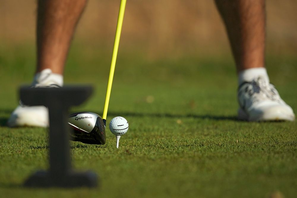 Iowa's Gonzalo Leal prepares to tee off during the third round of the Hawkeye Invitational at Finkbine Golf Course in Iowa City on Sunday, Apr. 21, 2019. (Stephen Mally/hawkeyesports.com)