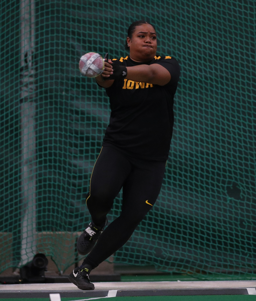 Iowa's Laulauga Tausaga competes in the weight throw Friday, January 11, 2019 at the Hawkeye Tennis and Recreation Center. (Brian Ray/hawkeyesports.com)