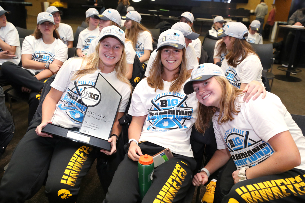 The Iowa Hawkeyes celebrate their victory over Penn State in the 2019 Big Ten Field Hockey Tournament Championship Game Sunday, November 10, 2019 in State College. (Brian Ray/hawkeyesports.com)