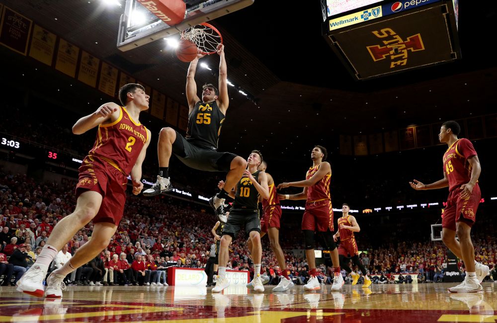 Iowa Hawkeyes forward Luka Garza (55) dunks the ball against the Iowa State Cyclones Thursday, December 12, 2019 at Hilton Coliseum in Ames, Iowa(Brian Ray/hawkeyesports.com)