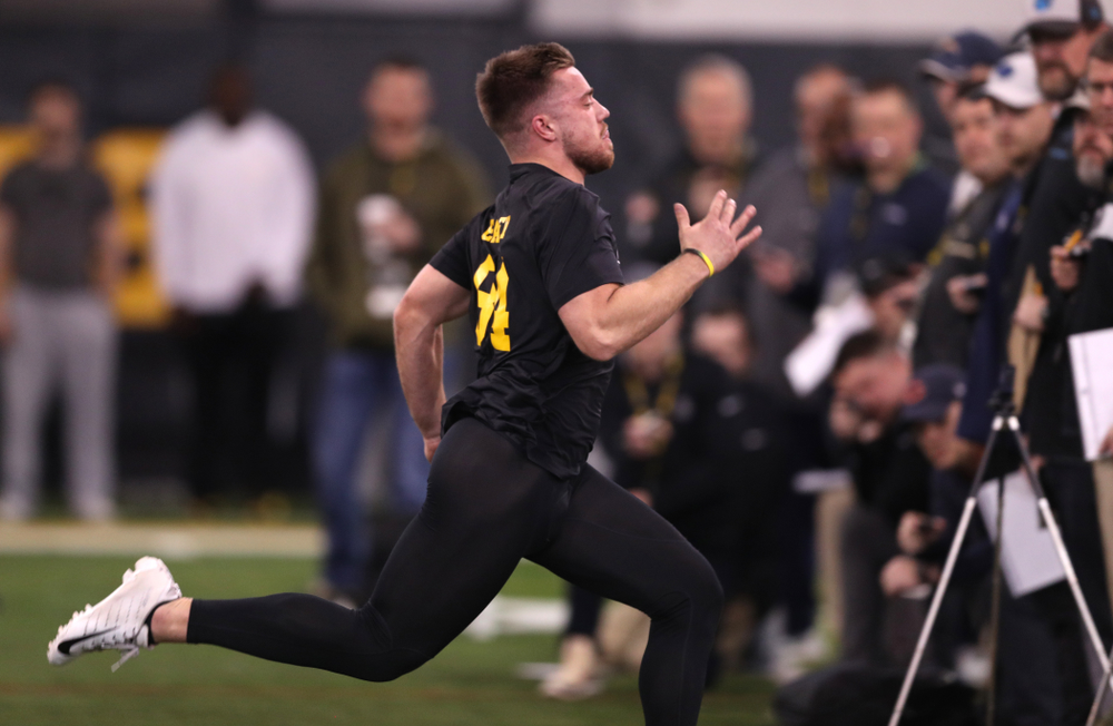 Iowa Hawkeyes wide receiver Nick Easley (84) during the teamÕs annual Pro Day Monday, March 25, 2019 at the Hansen Football Performance Center. (Brian Ray/hawkeyesports.com)
