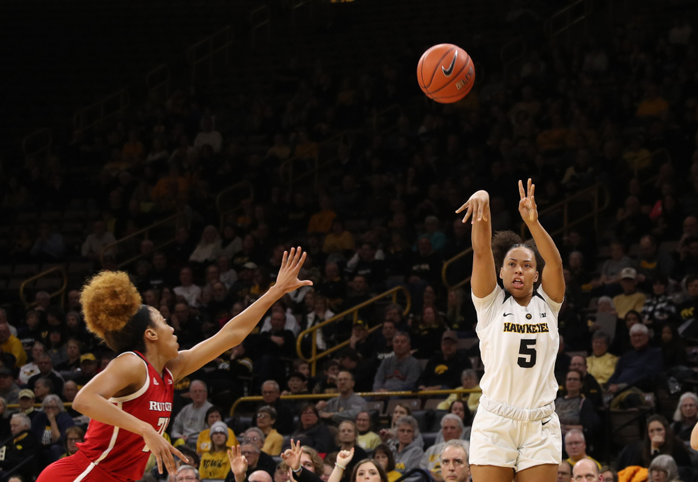Iowa Hawkeyes guard Alexis Sevillian (5) against the Rutgers Scarlet Knights Wednesday, January 23, 2019 at Carver-Hawkeye Arena. (Brian Ray/hawkeyesports.com)
