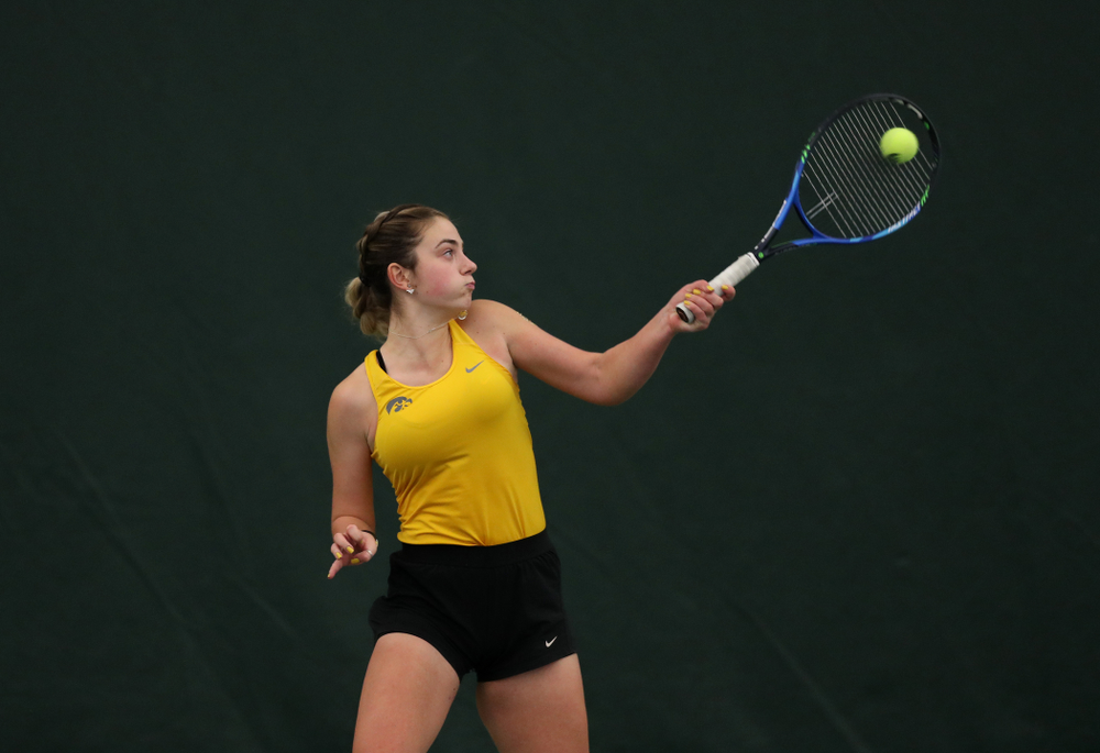 Iowa's Sophie Clark against the Iowa State Cyclones Friday, February 8, 2019 at the Hawkeye Tennis and Recreation Complex. (Brian Ray/hawkeyesports.com)