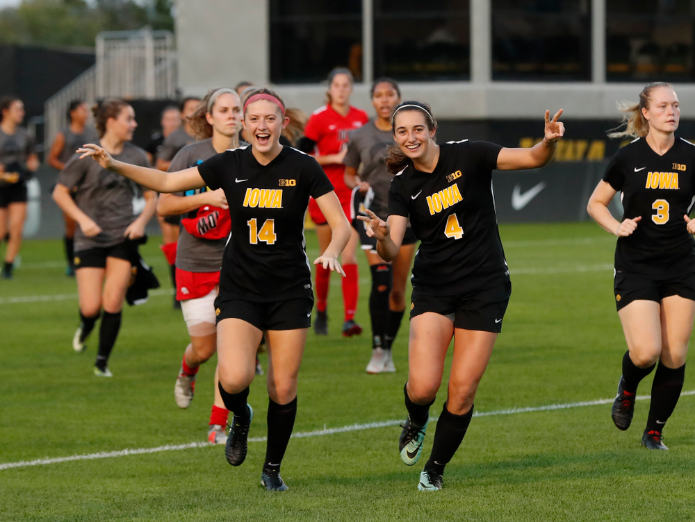 Iowa Hawkeyes Leah Moss (14) and Kaleigh Haus (4) against the Purdue Boilermakers Thursday, September 20, 2018 at the Iowa Soccer Complex. (Brian Ray/hawkeyesports.com)