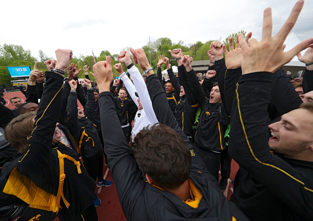 Iowa Director of Track and Field Joey Woody celebrates with his team after winning the Men's Big Ten Outdoor Track and Field Championships on the third day of the Big Ten Outdoor Track and Field Championships at Francis X. Cretzmeyer Track in Iowa City on Sunday, May. 12, 2019. (Stephen Mally/hawkeyesports.com)
