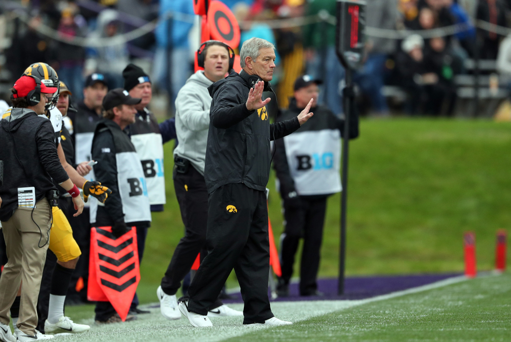 Iowa Hawkeyes head coach Kirk Ferentz against the Northwestern Wildcats Saturday, October 26, 2019 at Ryan Field in Evanston, Ill. (Brian Ray/hawkeyesports.com)