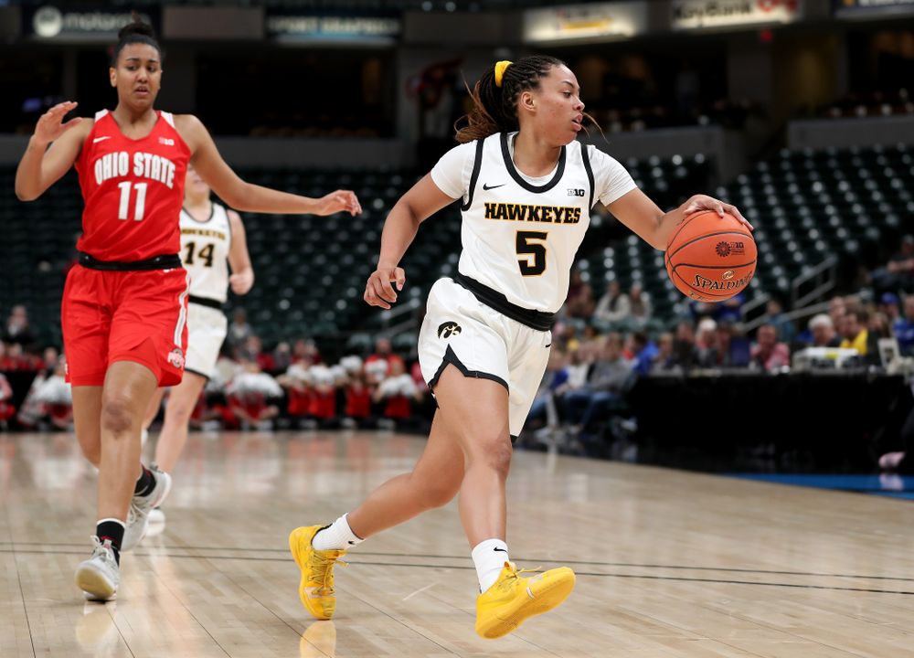 Iowa Hawkeyes guard Alexis Sevillian (5) against Ohio State in the quarterfinals of the Big Ten Basketball Tournament Friday, March 6, 2020 at Bankers Life Fieldhouse in Indianapolis. (Brian Ray/hawkeyesports.com)