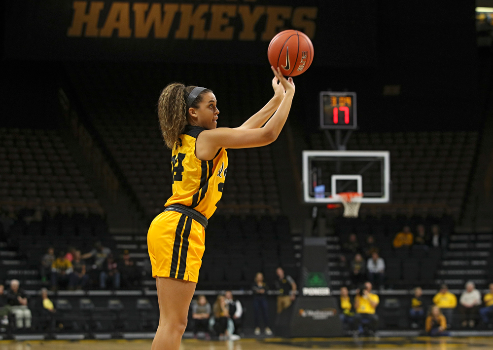Iowa guard Gabbie Marshall (24) puts up a shot during the first quarter of their game against Winona State at Carver-Hawkeye Arena in Iowa City on Sunday, Nov 3, 2019. (Stephen Mally/hawkeyesports.com)