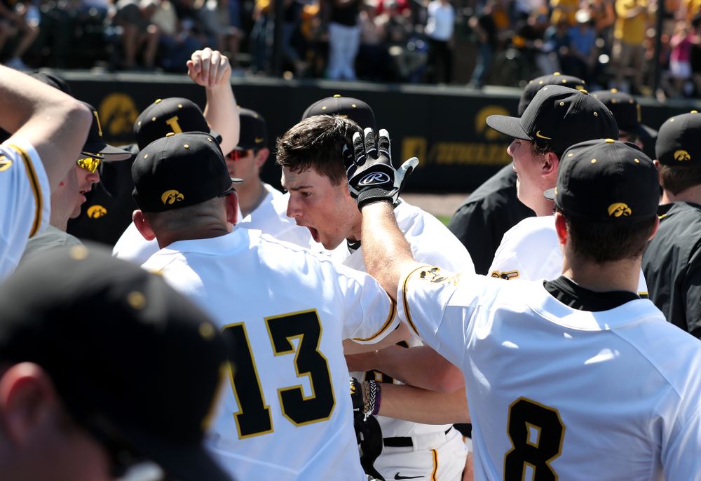 Iowa Hawkeyes outfielder Ben Norman (9) celebrates after hitting a home run against the Nebraska Cornhuskers Saturday, April 20, 2019 at Duane Banks Field. (Brian Ray/hawkeyesports.com)