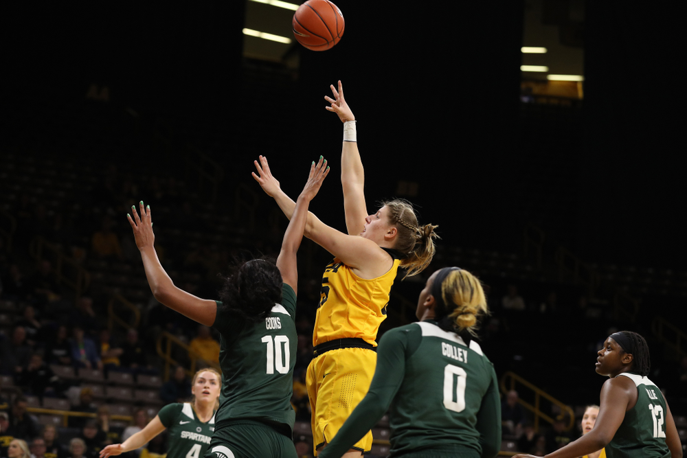 Iowa Hawkeyes forward/center Monika Czinano (25) against the Michigan State Spartans Thursday, February 7, 2019 at Carver-Hawkeye Arena. (Brian Ray/hawkeyesports.com)
